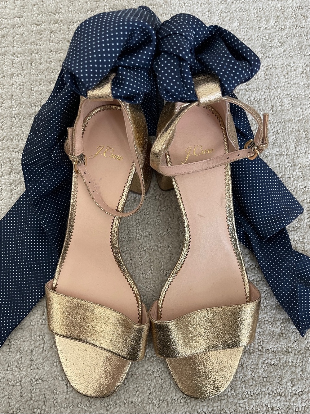 J. Crew Gold Crackle Leather Ankle-Strap Sandals with Navy Polka Dot Scarf Ties